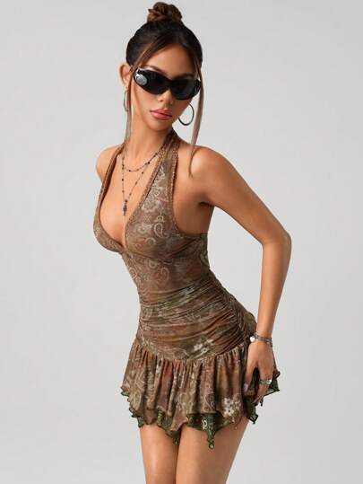 SHEIN ICON Halter Retro Color Block Paisley Print Bodycon Ruched Asymmetric Hem Mini Dress,Club Outfits Women Sexy