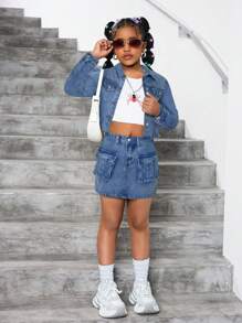 SHEIN 2 件套 Tween 女童 Y2k 水洗卡其色牛仔翻领长袖短款夹克和牛仔迷你工装裙套装，适合女童街头装和日常穿着