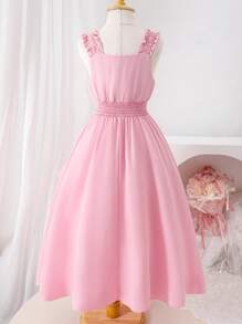Tween Girls' Elegant Pink Sleeveless Dress, Summer - Pink - View 2