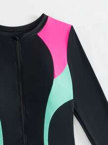 Swim Mulvari 1pc Multicolor Patchwork Wetsuit With Front Zipper, Long Sleeve & Long Pants, Middle Eastern Style Surfing Suit For Summer Beach Vacation - Black - View 8