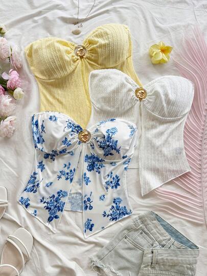 Soleia Multicolor Beach Outfits For Woman Cute Summer Tops   Butter Yellow  Women's Vacation Style Round Ring Linked Split Hem Bandeau Top