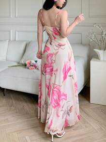 Modelyn 女式网眼印花吊带垂坠领褶饰腰部夏季休闲吊带裙 - 杏色 - 查看 2