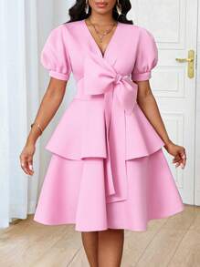 SHEIN Lady Four Seasons Women's Pink Bow V-Neck Puff Sleeve Short Dress Party Tea Party Dress Graduation Graduation Dress Graduation Dresses Pink Dress Pink Pink Skirt Pink Dress For Women Pink Dresses Pink Dresses For Women Elegant Dresses For Women Elegant Dress For Women Elegant Dress Women Elegant Dresses For Party Elegant Dress Elegant Dresses For Ladies Elegant Dresses Stylish Clothing Collection Chic Evening Dress - Pink - View 5