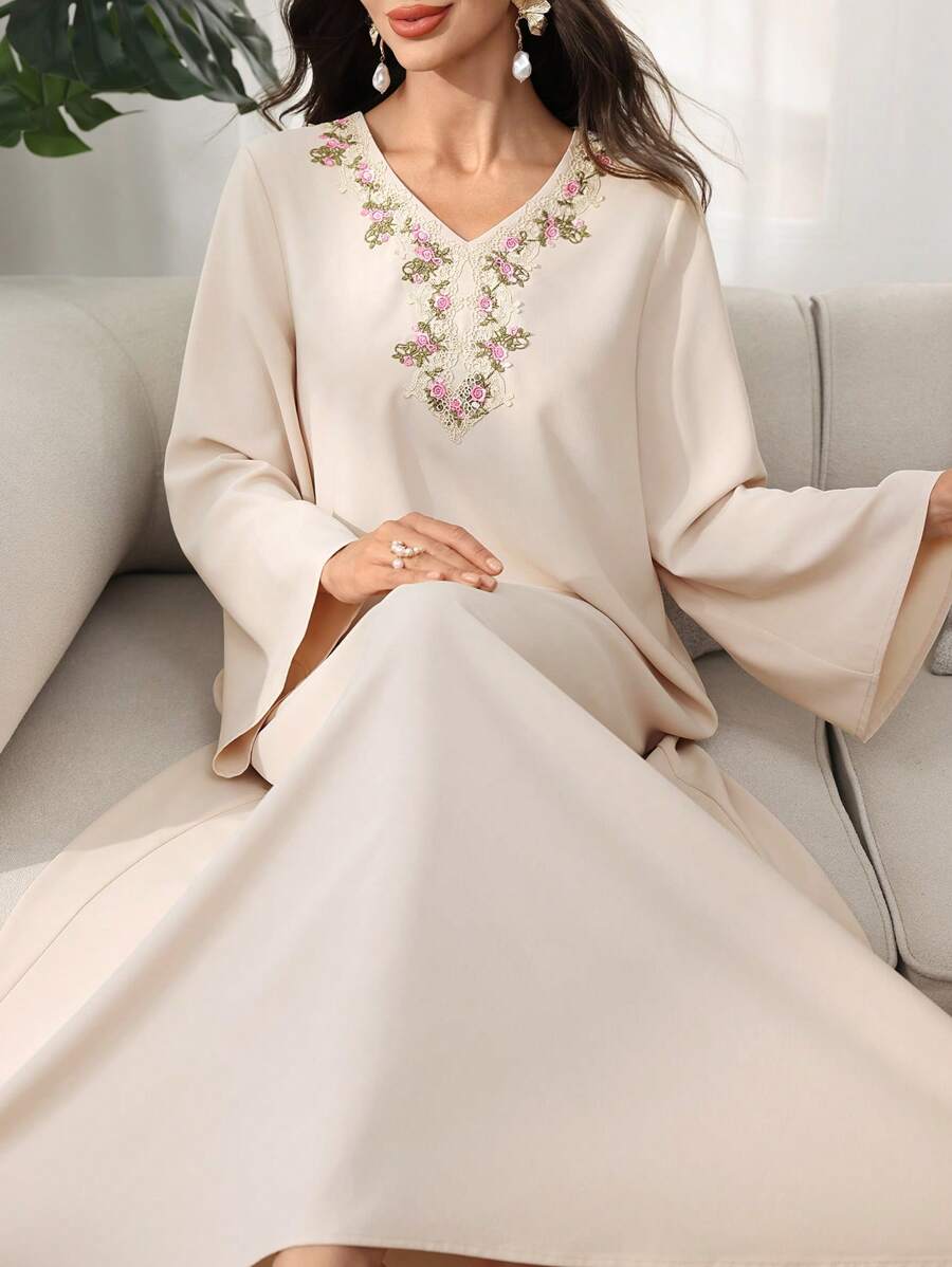 SHEIN Najma Women's Casual Loose Floral Neck Long Modest Dress - Beige - View 1
