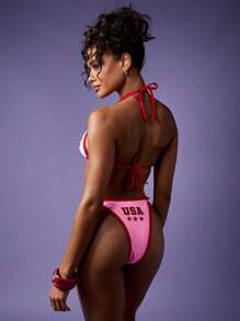 MISSGUIDED Patriotic Stars And Stripes Triangle Bikini Set Summer Beach Swimsuit Independence Day Pool Party Bathing Suit - Pink - View 2