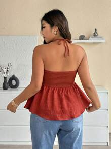 Elenzga 加大码波西米亚风格夏季休闲焦糖色独特不对称设计彩色穿孔木珠装饰交叉领带性感优雅女式衬衫 - 彩色 - 查看 2