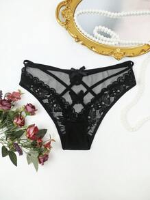 SHEIN 1pc Black Lace & Mesh Bow Decor Thong Panties - Black - View 2