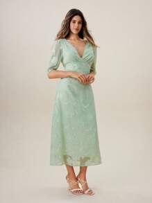 SHEIN Unity Vestido de mujer con cuello en V, estampado de jacquard, estilo de vacaciones - Verde - Ver 6