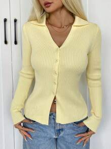 SHEIN EZwear Butter Yellow V-Neck Fitted Women Thin Cardigan, Autumn - Yellow - View 5