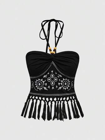 Women's Hippie Sun Totem Embroidery Beaded & Tassel Decor Spaghetti Strap Tank Top