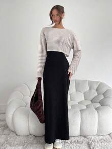 Siren Gaze Bộ đồ nữ 2 mảnh: Áo dài tay kẻ sọc và chân váy màu trơn, thích hợp cho mùa thu hè, mùa xuân. - Màu be - Xem 4