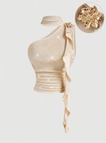 SHEIN MOD Blusa ajustada metálica con brillo, cuello asimétrico, decoración floral y volantes, para el verano