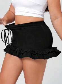 Flexra Minifalda de mezclilla de punto con volantes, elástica y de talla grande - Negro - Ver 4