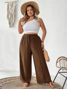 SHEIN CURVE+ Quần ống rộng thời trang công sở đi làm thanh lịch, quần túi, trang phục đi nghỉ mát bãi biển mùa hè/đồng quê/bãi biển/bãi biển, trang phục công sở nữ, quần ống rộng cho giáo viên quần ống rộng boho cỡ lớn quần ống rộng quần ống rộng quần đi biển cỡ lớn quần ống rộng - màu nâu - Xem 10