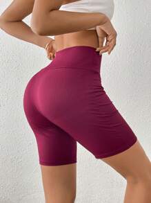 Chiquease Quần legging bó cạp cao màu trơn có gân cho nữ, quần short biker - Màu Đỏ Sâu - Xem 6