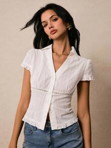 Poéselle White Cotton Shirt, Lace Stitching, Jacquard Fabric, Exquisite And Elegant, Comfortable And Breathable Fabric, Work Clothes, Business Shirt, Women's Summer Contrast Lace Puff Sleeve Elegant Blouse,Suitable For Daily Wear, Going Out, Commuting, Dating And Other Occasions,Poeselle