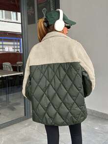 EURMUSE Women Padded Coat With Teddy Bear Fabric Patchwork, Diamond Shape Stitch Line - Army Green - View 2