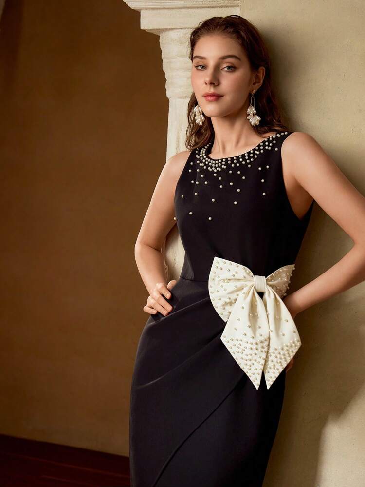 ROBE MIDI FENDUE À LA CUISSE AVEC NŒUD CONTRASTANT ET DÉTAILS DE FAUX PERLES