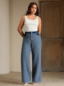 Anewsta 女士休闲提花宽腿宽松牛仔裤 - 藍色 - 查看 2