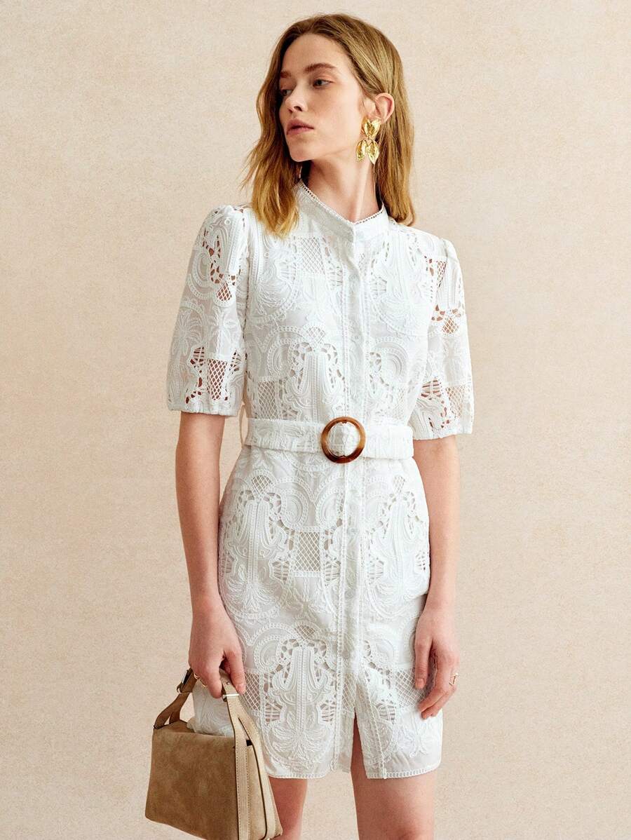 Écloséra Đầm dài vừa vặn thêu ren hở eo cho kỳ nghỉ lãng mạn mùa hè dành cho nữ - trắng - Xem 1