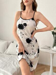 女士花卉印花休闲吊带裙 - 黑色 - 查看 4