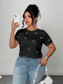 Elenzga Women Plus Size Short Sleeve Rhinestone Bowknot Pattern T-Shirt - Black - View 1