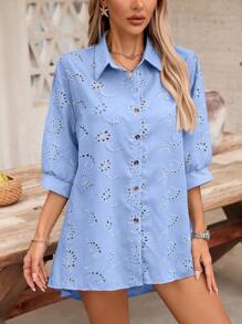 SHEIN VCAY Camicia casual oversize con maniche corte, in colore unito, ricamata e con dettagli traforati, per taglie comode