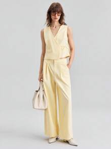 Ontre 2025 Women's Summer Clothing Set,Pale Yellow Smart Casual Brunch Wear,Solid Wrap Tie Sleeveless Top & Loose Wide Leg Pants,Beach Resort Club Fashion - Yellow - View 2