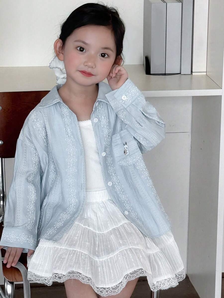 Dazy Kids 少女卡通兔子印花落肩单排扣衬衫 - 藍色 - 查看 1