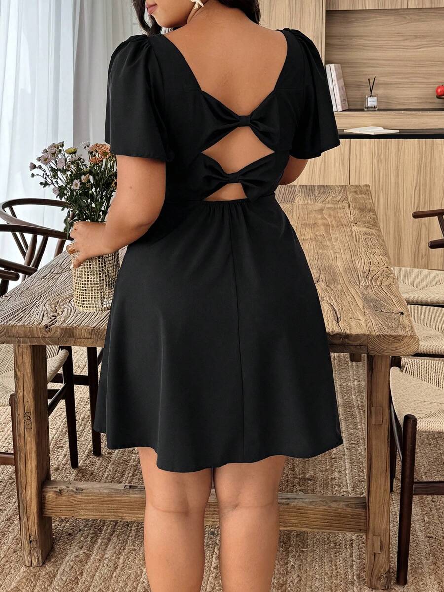 Breezaya Đầm mini tay bèo nhún trang trí nơ màu trơn cỡ lớn cho nữ - màu đen - Xem 1