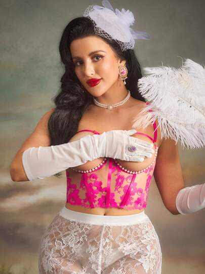 Romantic Sexy 1/2 Cup Cupless Faux Pearl Chain Floral Embroidery Women Lingerie Bra, Rose Red, Suitable For Music Festivals, Valentine's Day, Rave