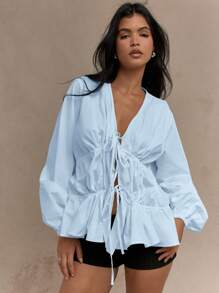 MISSGUIDED Blusa holgada con frente fruncido, mangas largas globo, cordón, moda casual elegante para verano, primavera y otoño, de algodón ligero - Azul - Ver 4