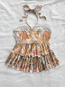 Soleia 女式波西米亚花卉印花露背 A 字形宽松休闲套头衫，适合节日、音乐节穿着 - 彩色 - 查看 2