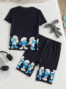 The Smurfs X SHEIN Tween Boy Cool Cartoon Graphic Top & Shorts Snug Fit Summer Pajama Set - Black - View 2