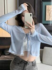 DAZY 女式蕾丝拼布抽绳系带袖口长袖上衣，秋季女装 - 藍色 - 查看 4