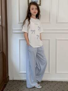 女童蝴蝶结图案 T 恤和直筒裤套装，女童夏季服装，返校服装 - 彩色 - 查看 3