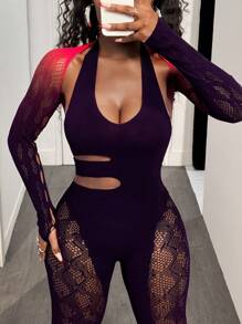 BamGleam Women Two-Piece Set Gradient Mesh Patchwork Sexy Long Sleeve Jumpsuit - Black - View 4