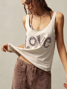 Bohemela Camiseta de tirantes casual de cuello redondo con estampado de leopardo y letras, para mujer de talla grande, verano