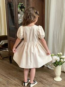 LMoss Kids LMoss Young Girl Woven Solid Color Round Neck Puff Sleeve Fitted Dress - Apricot - View 2