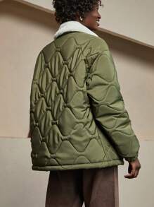 Bóhologie Woman Solid Color Woven Padded Insulated Winter Coat Jacket Contrast Fur Neck Regular Length Casual Winter Clothing - Army Green - View 2