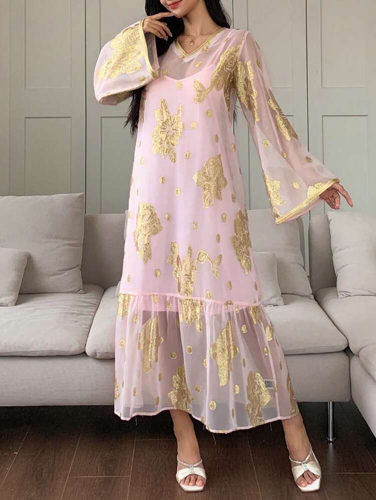 Gold Floral Jacquard Mesh Women's Nightgown Pajama Dress
