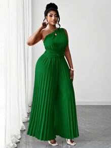 Maweii Women's Plus Size Solid Color Elegant Fabric Pleated Asymmetrical One Shoulder Design Versatile Jumpsuit, Spring/Summer New Arrival For Party, Concert, Wedding - Green - View 5