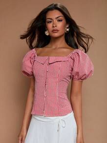 COSMINA 女士纯色和格子图案衬衫，夏季时尚 - 紅色 - 查看 4