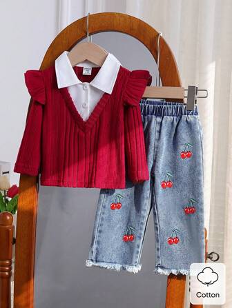 Souflis Souflis 2st/set Baby Girls 2 i 1 Top & Jeans Set. Toppen är en konstgjord 2-delad design med en vit skjortakrage och stickat tyg med rött våfflor, med V-hals och fladdrande ärmar, trendigt men ändå mångsidigt och smickrande. Jeansen har jordgubbsbroderier och fransar, vilket skapar en stark kontrast. Den övergripande looken är stilig, söt och bedårande. Söt, avslappnad, sportig och fräsch lantlig stil, lämplig för vår/sommar utomhuslek, semester, dagligt slitage och resor.