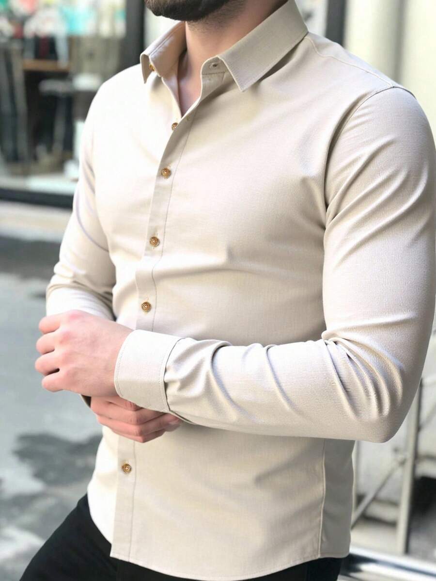 Manfinity Mode Kemeja Pria Lengan Panjang Kasual Campuran Linen, Warna Beige, Potongan Longgar, Kemeja Formal Polos untuk Musim Panas dengan Saku Dada, Sempurna untuk Kencan, Hadiah Hari Ayah, Musim Gugur - Khaki - View 1