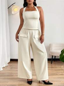 Elenzga Plus Size Waist Cinching Bodycon Spaghetti Strap Sleeveless Top + Wide Leg Pants Casual Commute Elegant Outfit For Outing, Party, Vacation, 2 Pieces Set - Apricot - View 5