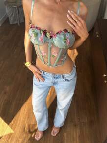 SHEIN BAE Women's Green Embroidered Semi-Sheer Detachable Camisole Top, Suitable For Beach Vacation, Friend's Gathering, Graduation Party, Dating, Birthday Party, Brunch, Summer Tight Crop Top, Cute Tight Crop Top,Halter Neck Top,Corset Tops