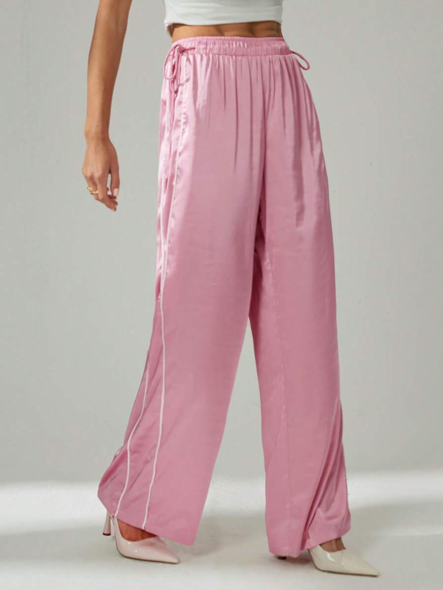 SHEIN Tall Women Solid Pink Color Casual Fashionable Summer Simple Satin Stylish Pants, For Daily Wear