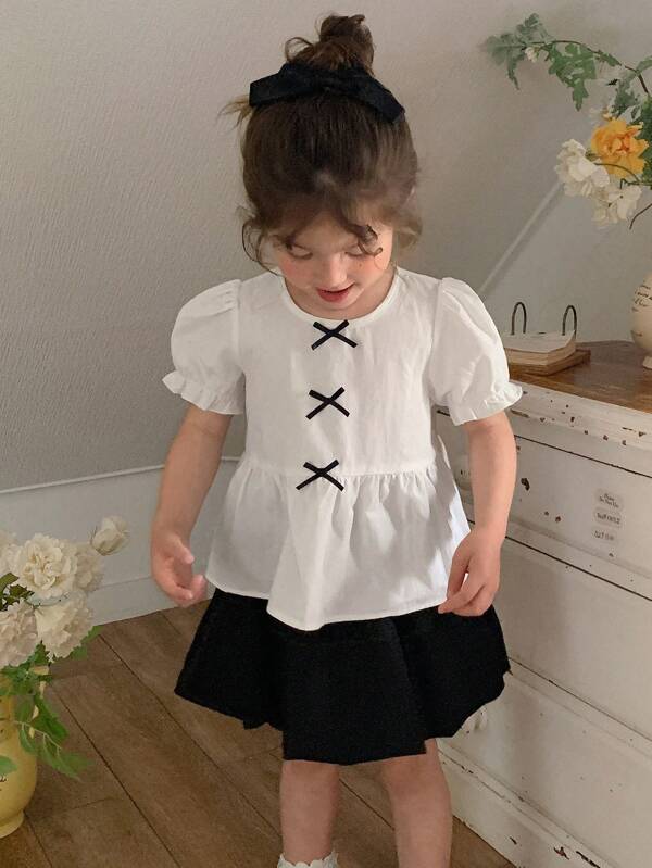 DAZY Girls (Small) V-Neck Ruffle Short Sleeve Bow Decor Korean Style Blouse, Summer