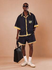 SUMWON Áo sơ mi bowling in hình quả chanh Sorrento của Ý tay ngắn thường ngày tại khu nghỉ dưỡng Amalfi Coast Summer Streetwear - màu đen - Xem 2